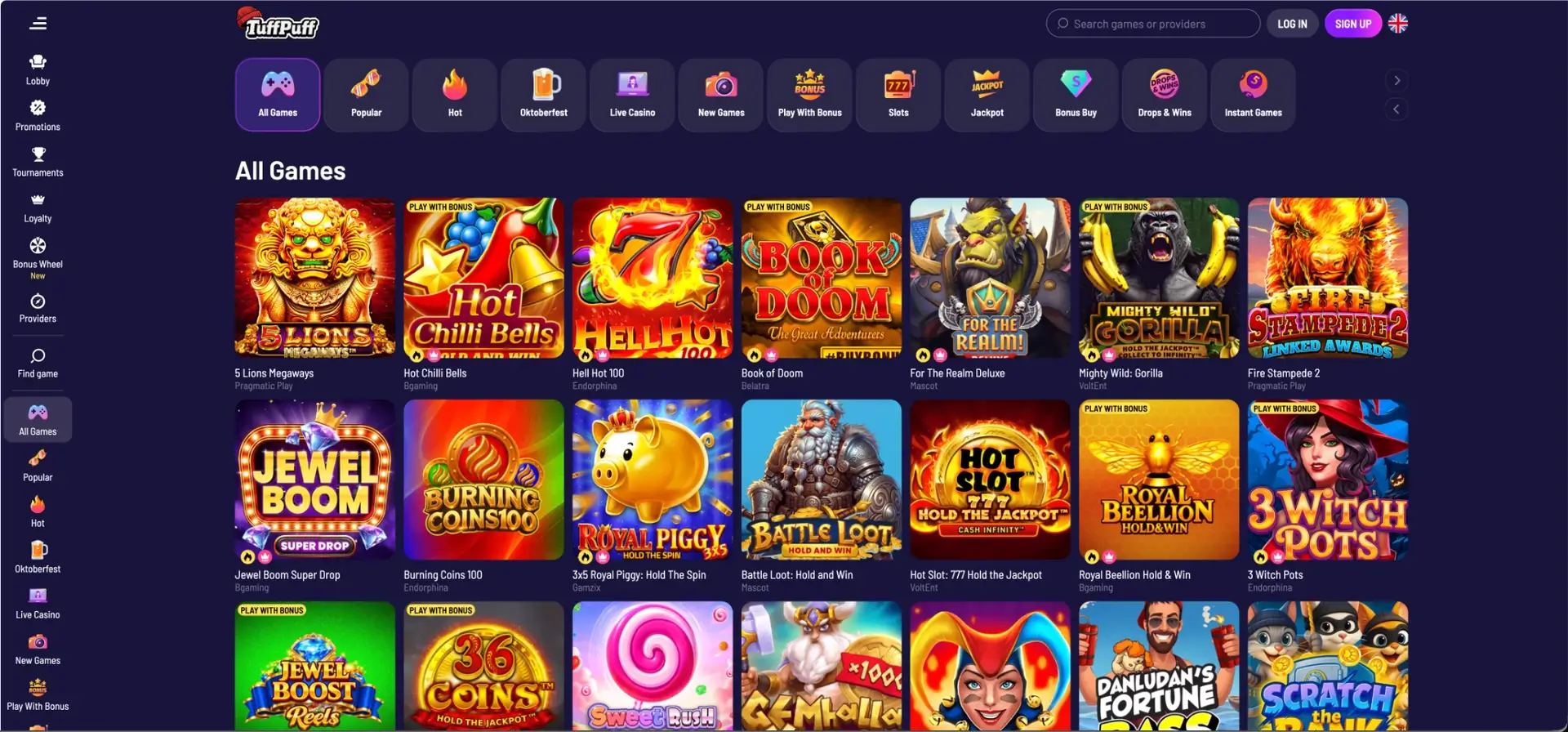 Tuffpuff Casino Pokies interface