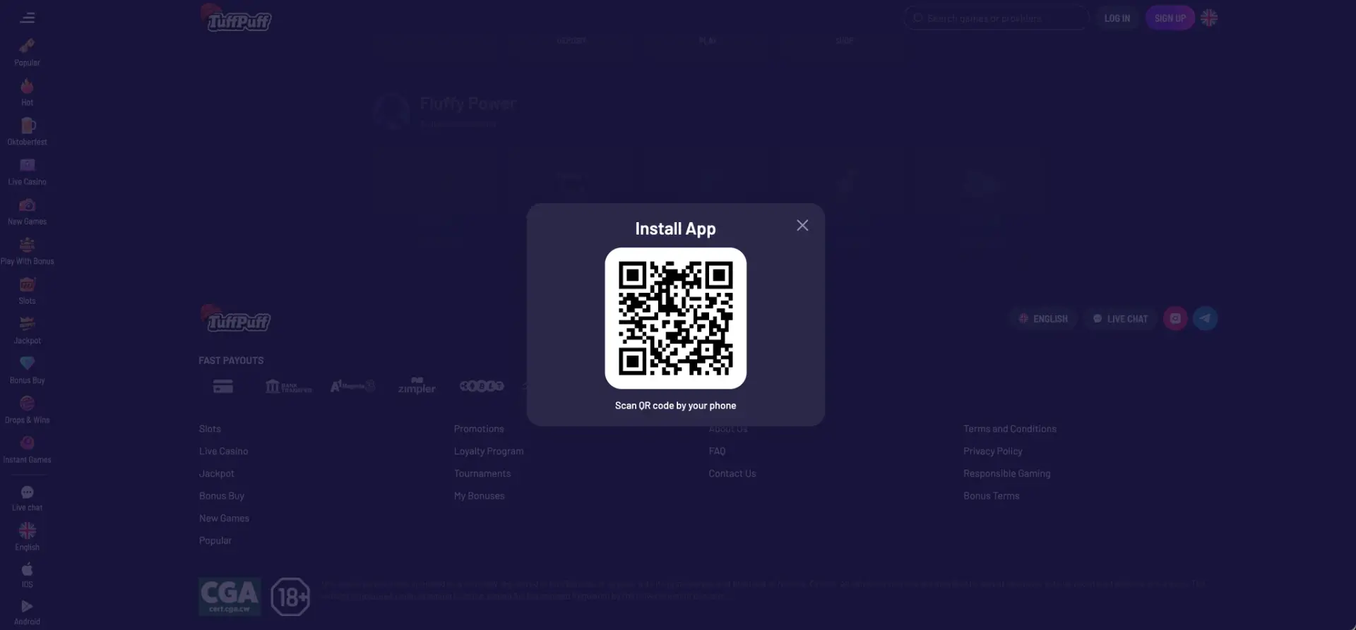 Tuffpuff Casino App interface
