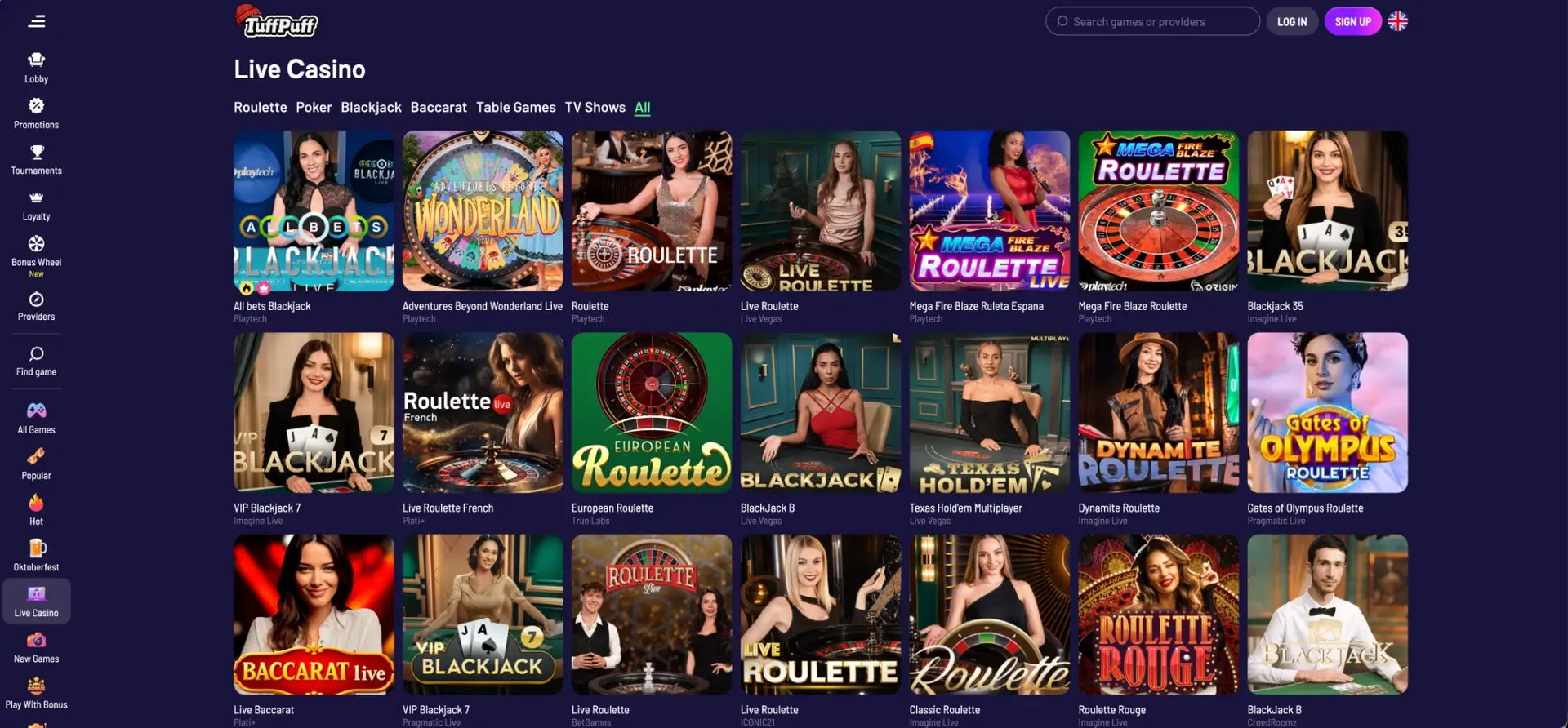 Tuffpuff live casino lobby with dealer tables
