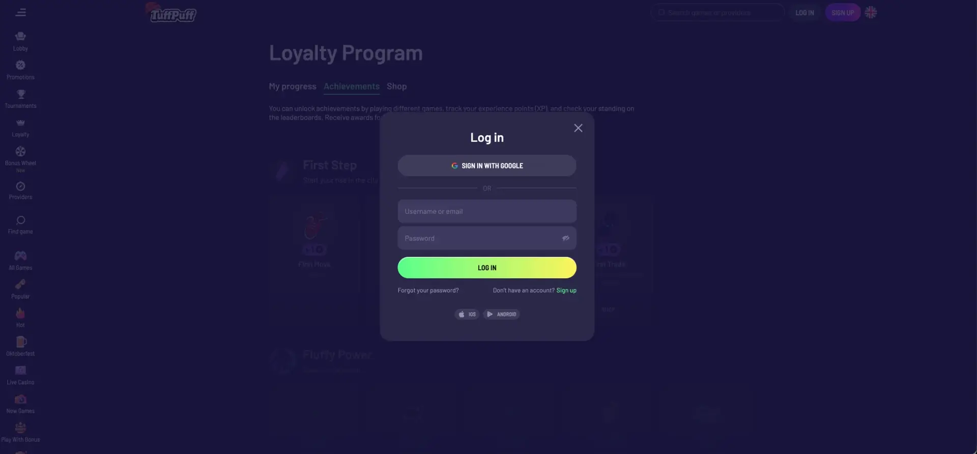 Tuffpuff Casino Login interface