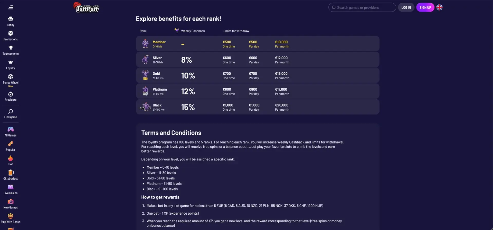 Tuffpuff loyalty benefits and bonus terms